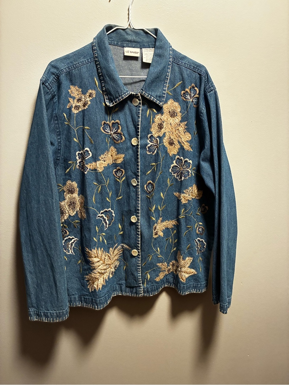 Liz Baker Denim Jacket with Gold Floral Embroidery